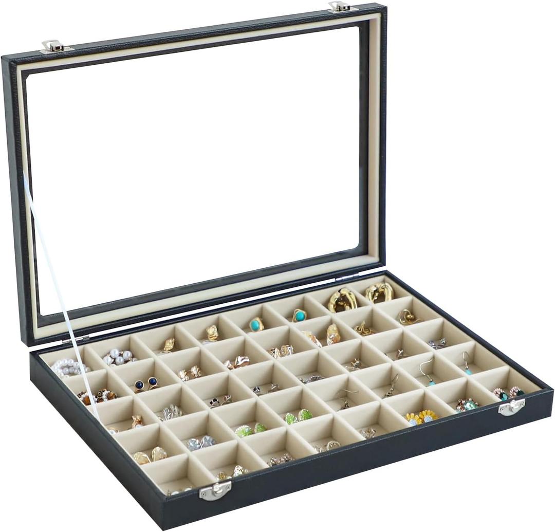 Stratalife Jewelry Organizer 40 Grid Beige Black Jewelry Tray with Clear Dust-proof Lid Velvet Earring Organizer Necklace Rings Holder Display Drawer Storage Case for Women