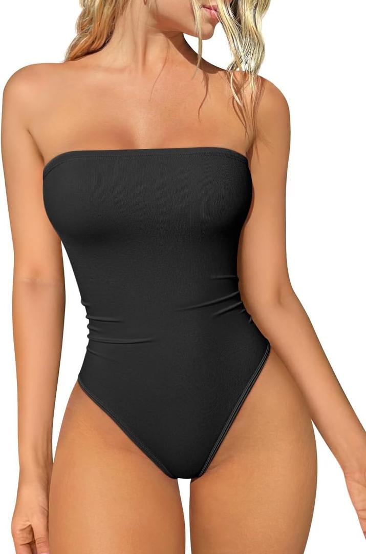 OQQ Womens Tube Bodysuits Strapless Basic Sleeveless Ruched Stretch Classic-Fit Tops Sexy Bodysuits (Large, Black)