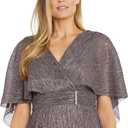 R&M Richards Long Metallic Pleated Capelet Dress W/Mock Surplus Ruched Waist & Rhinestone Details (Purple) 18Plus
