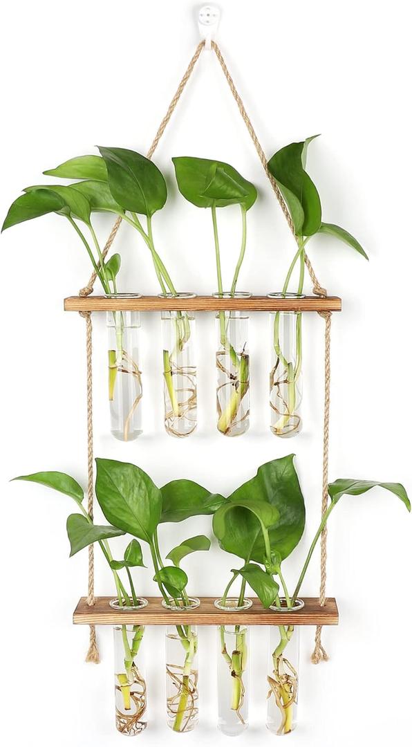 Wall Hanging Planter Terrarium 2 Tired Test Tube Vase Glass Planter Plant Propagation Station Plant Hangers of Rope with Wooden Stand and 8 Tubes for Hydroponic Plant Cutting