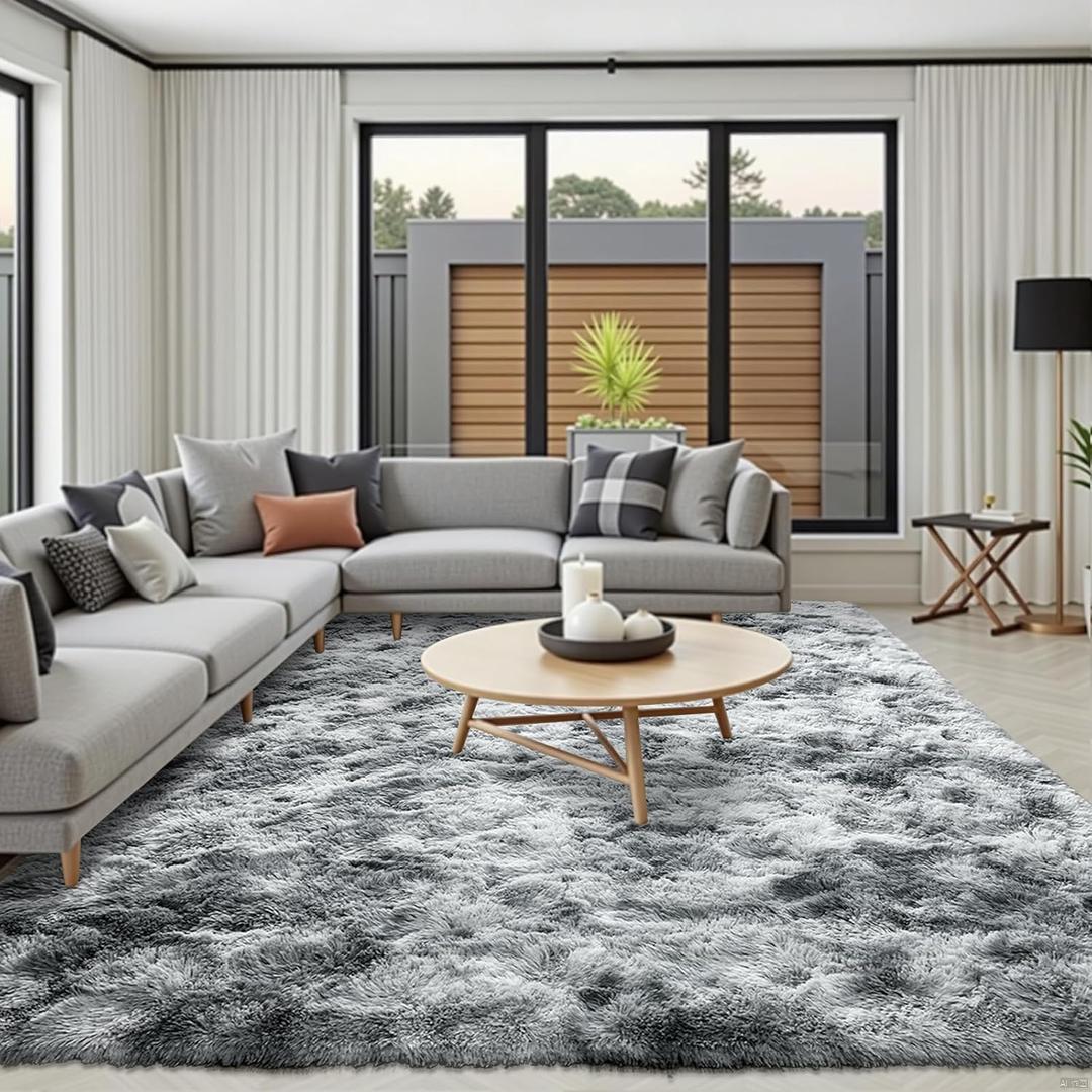 FinRec 6x9 Feet Grey Rugs for Living Room Bedroom, Soft Fluffy Area Rug, Non-Slip Solid Shag Rug for Nursery Kids Room Dorm Room Home Decor, Indoor Floor Carpet (Tie-dye Grey)