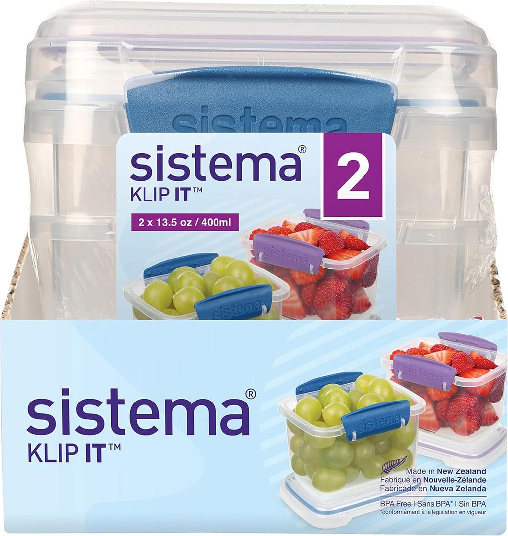 Sistema Klip It Food Storage Containers, 400 mL, Assorted Colours, 2 Pack