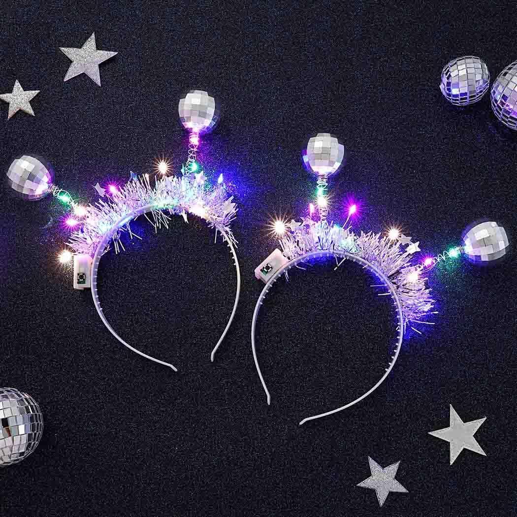 DRESBE Light Up Disco Ball Headbands Silver LED Headband Glow Party Hair Accessories for Women(2pcs)