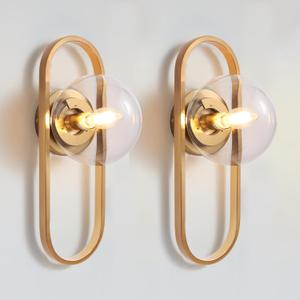Westbred Set of Two Gold Wall Lamps - Transparent Globe Glass Shades - Living Room & Bedroom Wall Lights