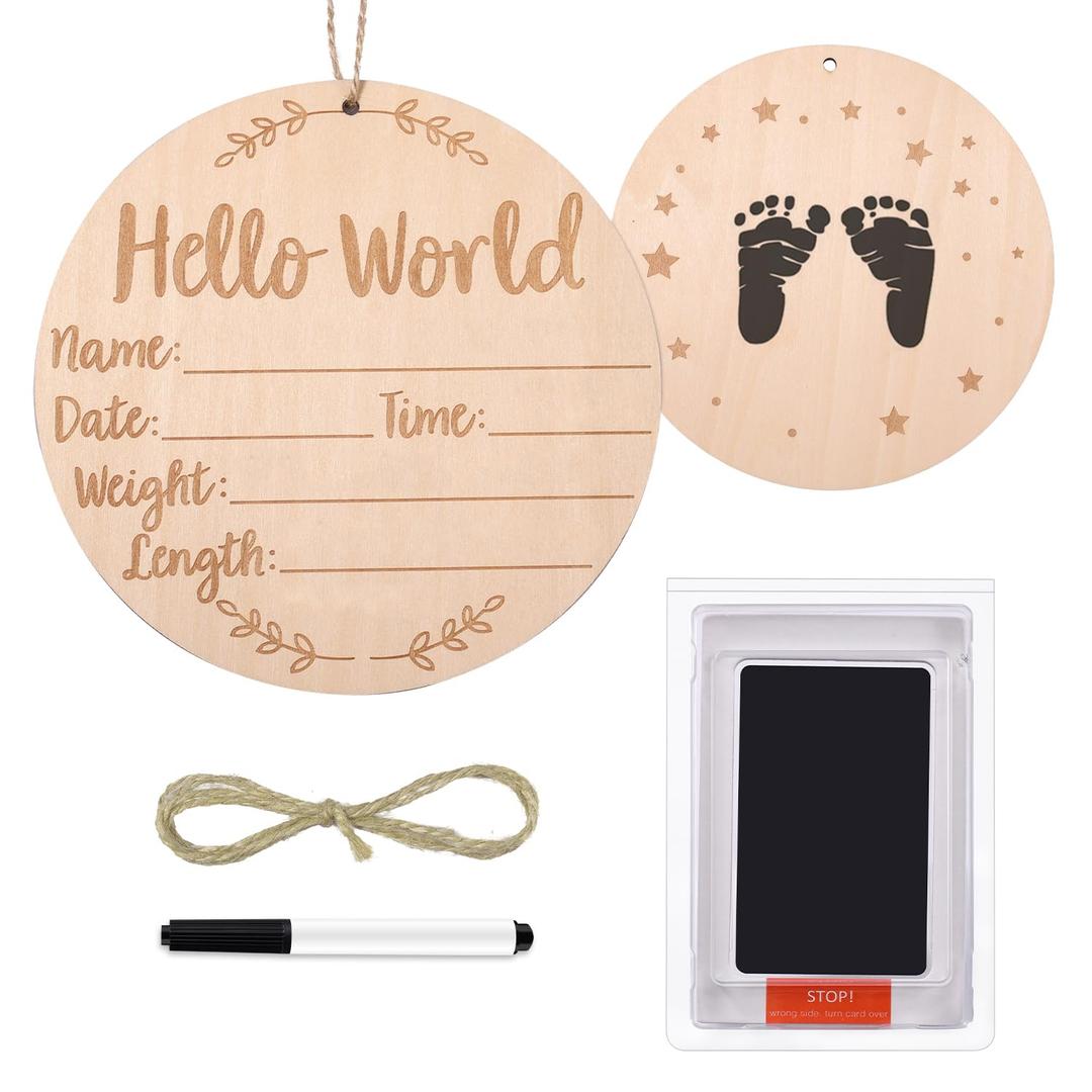 Baby Announcement Sign, 5.9 inch Double Side Wooden Birth Announcement Sign with Ink Pad for Baby Hand and Footprints for Hospital Hello World Newborn Announcements