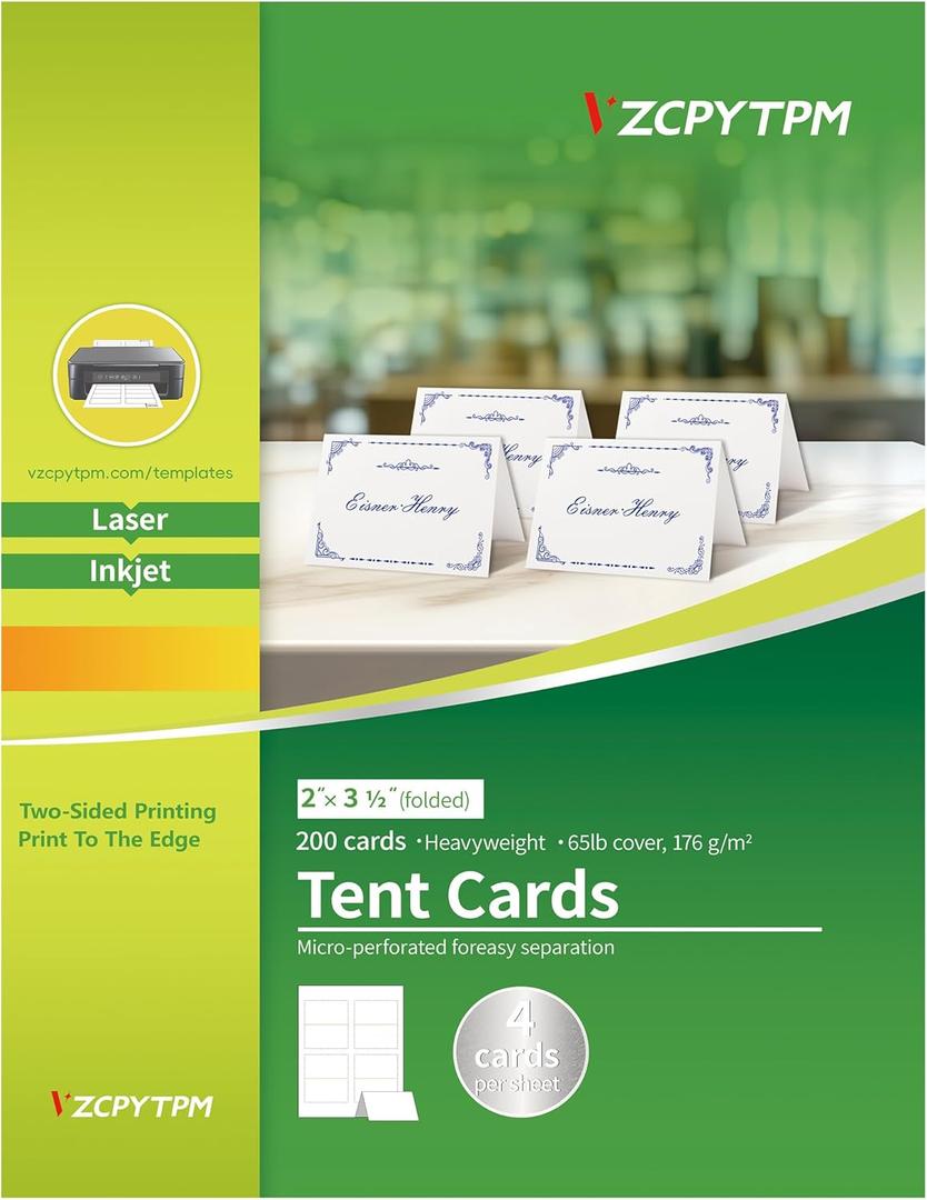 200 Tent Card,Printable Place Cards for Table Setting,2x3.5 Inches,Name Cards for Laser or Inkjet Printers,Wedding,Dinner Party,Buffet,50 Sheets