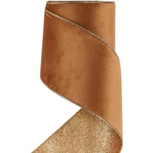 HUIHUANG Velvet Wired Ribbon 4 inch Copper Double-Sided Glitter Wire Christmas Tree Ribbon for Christmas Tree, Wreaths, Tree Top Bows, Garland, Home Decor, Fall Decor- 10 Yards