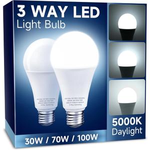 UNILAMP 3 Way LED Light Bulbs, 30/70/100W Equivalent, Daylight White 5000K, A19 Three Way Light Bulbs with E26 Medium Base, 2 Pack for Desk and Floor Lamps