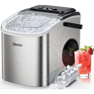 Silonn Ice Makers Countertop, Portable Ice Maker with Self-Cleaning 9 Cubes Ready in 6 Mins 26Lbs/24H 2 Sizes of Bullet Ice, Ice Machine for Home Kitchen and Office Bar Party,Stainless Steel