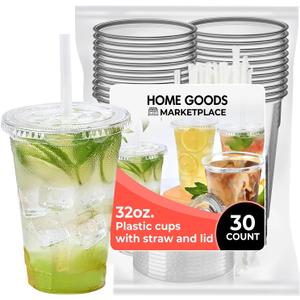 32 oz Clear Plastic Cups with Lids and Straws (30 Pack)  Large Disposable Cold Drink Cups for Soda, Iced Coffee, Smoothies, and Tea  Durable PET To-Go Cup with Leak-Resistant Flat Lid