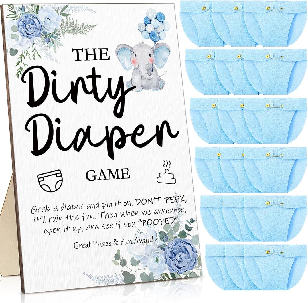 Roowest 51 Pcs Dirty Diaper Baby Shower Games Funny Wooden Sign with 50 Pcs Mini Diapers Cute Felt for Gender Reveal Party Baby Shower(Blue Elephant)