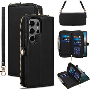 Rssviss Wallet Case for Samsung Galaxy S25 Ultra 5G Crossbody with Card Holder Wrist Strap, RFID Blocking Flip Zipper Case PU Leather, Purse Cover for Samsung S25 Ultra Men Women 6.9 inch Black
