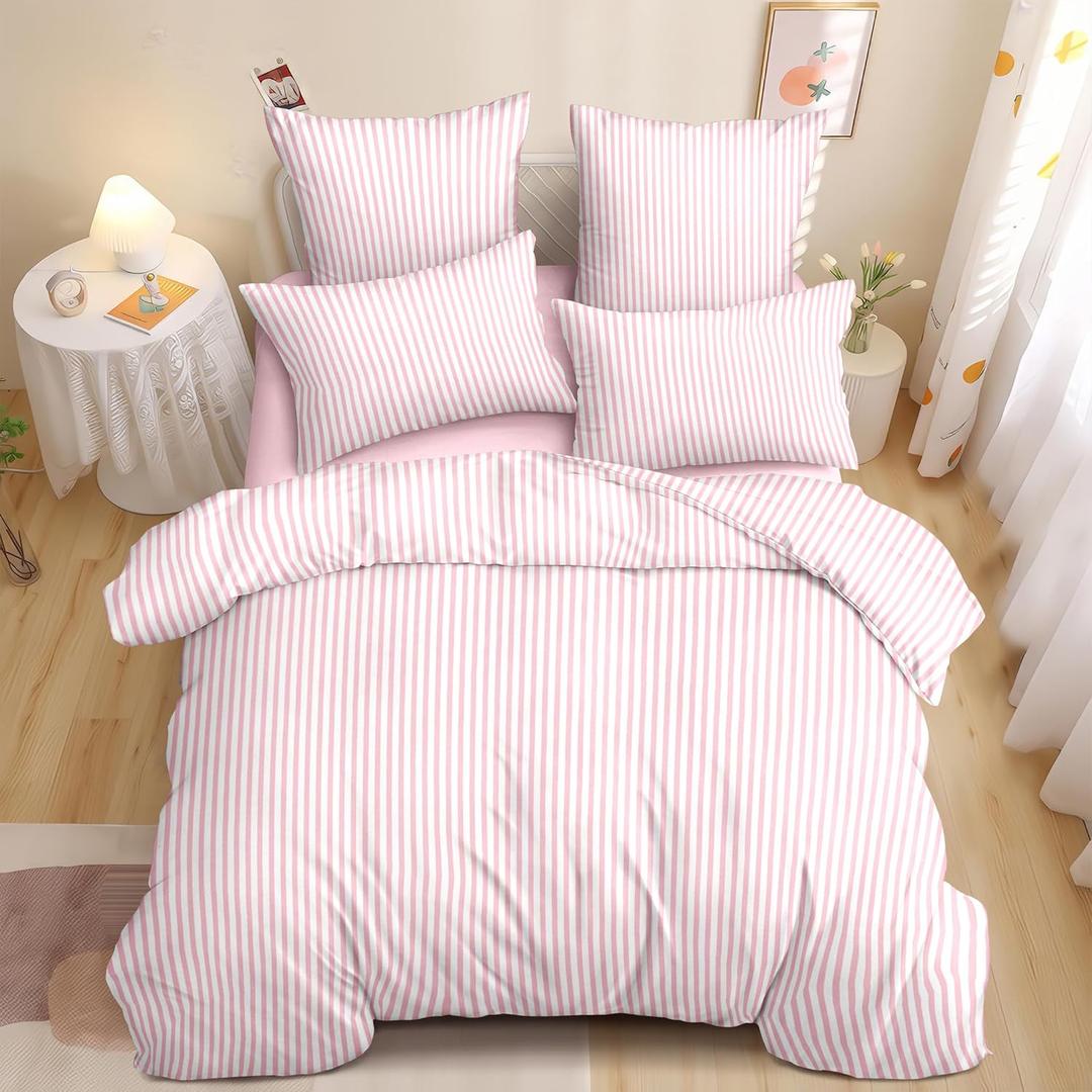 Nayoroom Pink Striped Duvet Cover Queen Size White Stripe Duvet Cover Dorm Bedding Set 3 Pieces Soft Lightweight Washed Microfiber Farmhouse Bedding Set Gifts for Women Men