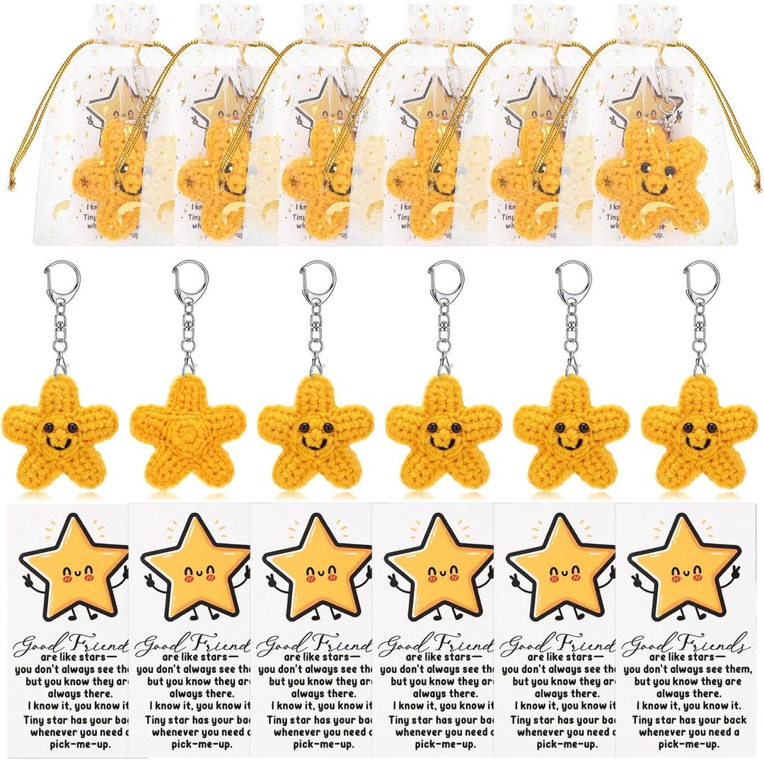 Preboun 6 Set Friends Gifts Crochet Star with Thank You Card  Handmade Smile Positive Star Keychains for Women, Sisterhood, Friendship,Friends,Positive Support Favors
