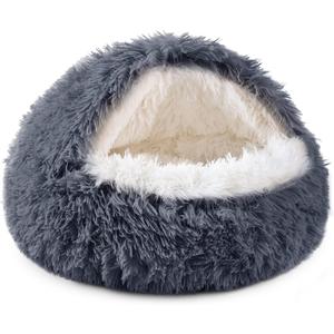 NOYAL Round Hooded Donut Dog Bed for Small & Medium Pets - Plush Fluffy Anti-Anxiety Cat Cave Bed with Cover (Medium 23.6'', Dark grey)