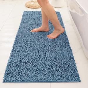 Bathroom Rugs Non Slip Washable 60x24, Extra Thick Soft Chenille Absorbent Bath Mat, High Density Barrier Non Slip Backing, Quick Dry Plush Shaggy Floor Carpet for Tub & Shower, Blue
