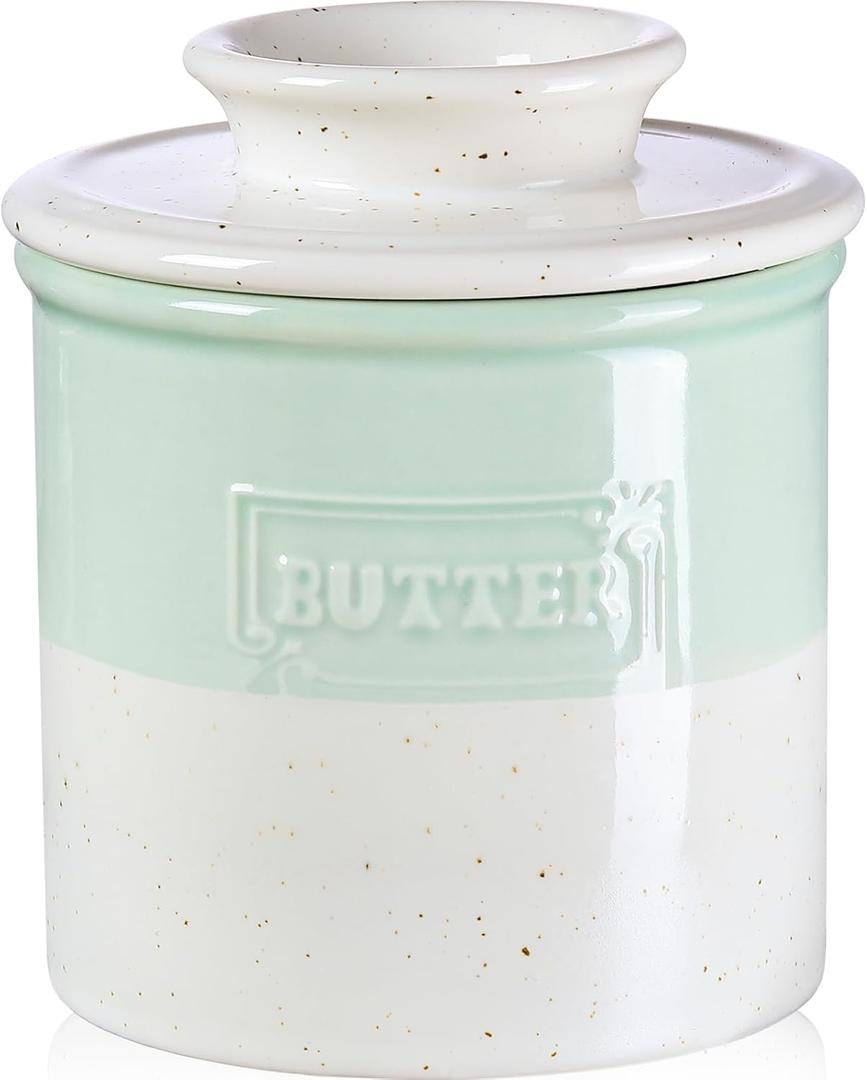 NUTRIUPS Ceramic Butter Crock, Butter Dish with Lid for Countertop with Water Line, French Retro Butter Crock for Spreadable Butter (Cyan Mist White)