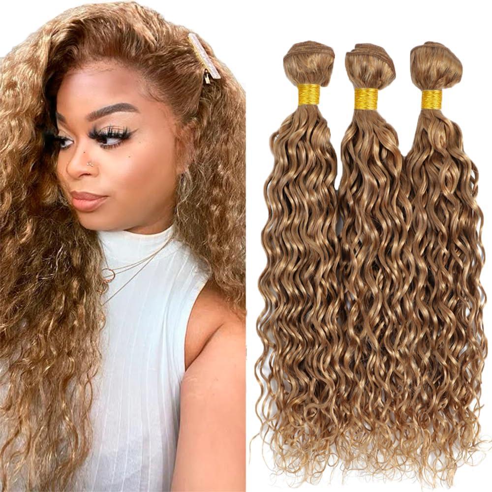 Color 27 Human Hair Bundles Blonde 26 28 30 Inch Water Wave #27 Honey Blonde Bundles Human Hair 11A Brazilian Virgin Quick Weave Hair for Black Women