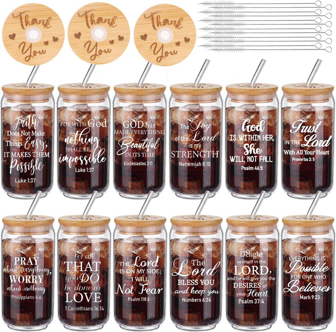 Tioncy 12 Pcs Religous Thank You Gifts for Women Appreciation Teacher Nurse Christian Religous Gifts 16oz Glass Cup with Bamboo Lids Straws Coffee Drinking Jars for Coworker