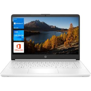 HP Portable Laptop, Student and Business, 14" HD Display, Intel Quad-Core N4120, 16GB DDR4 RAM, 64GB eMMC, 1 Year Office 365, Webcam, SD Card Reader, HDMI, Wi-Fi, Windows 11 Home, White, KKE Mousepad