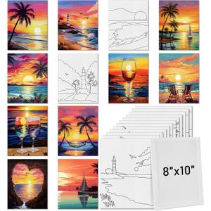 Tinlade 12 Pcs 7.9 x 9.8 Inch Pre Drawn Canvases for Painting Pre Stretched Canvas DIY Coloring Outline Painting Boards for Beginners Adults (Sea Sunset)