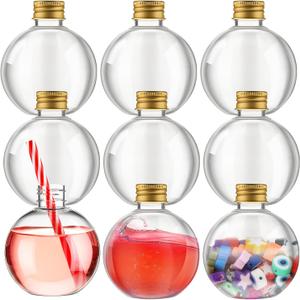 Jinei 9 Sets 8 oz Spherical Plastic Potion Bottles Clear Cocktail Ornament Cups with Funnels Ball Shape Sand Bottles for Christmas DIY Wedding Party Gift Crafts Decoration(Golden,Lid)