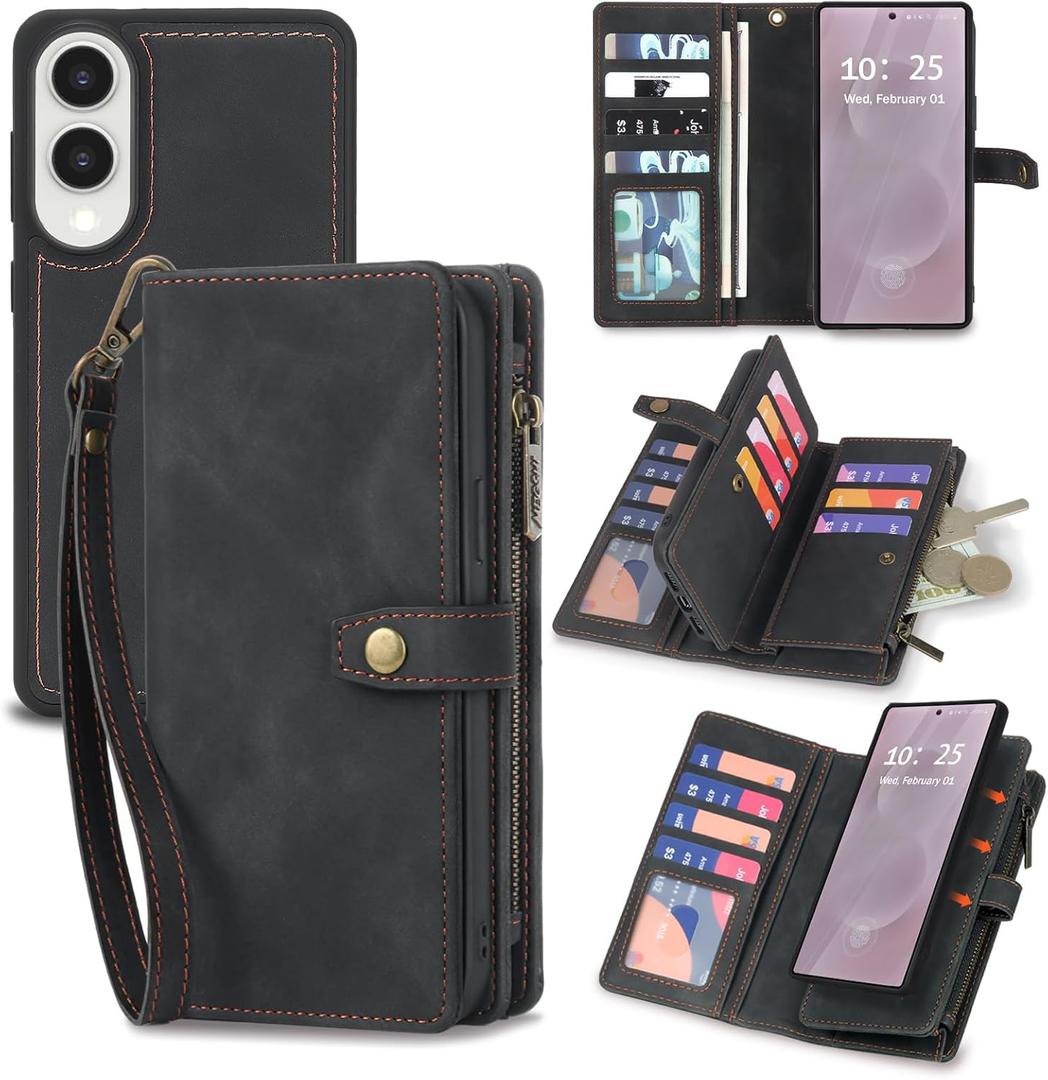 TwoHead for Samsung Galaxy S25 Edge Wallet Case with Card Holder, Detachable Magnetic Phone Case for S25 Edge,PU Leather All-Round Protective Phone Cover with Wrist Strap,6.7 in,Black