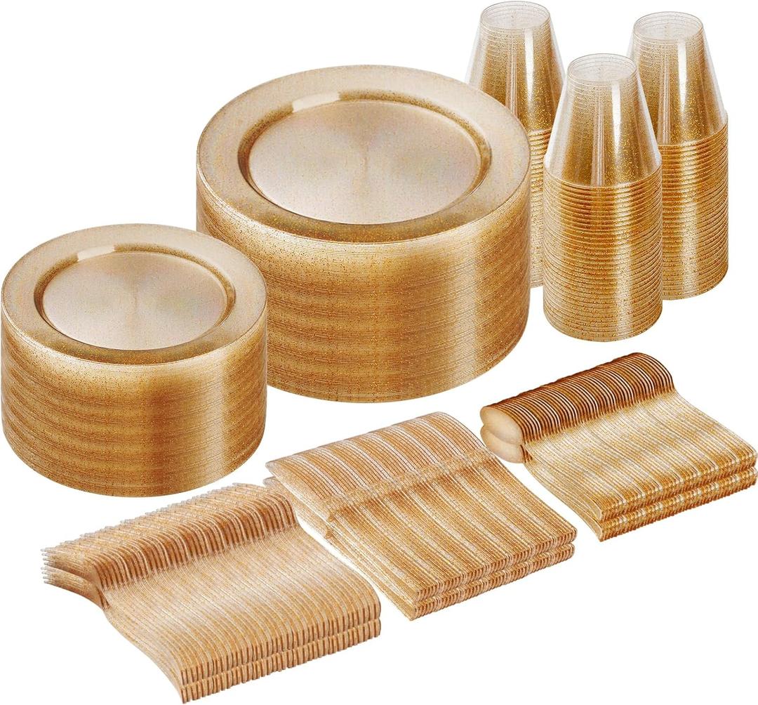 Goodluck 300 Piece Gold Glitter Disposable Plates for 50 Guests, Plastic Plates for Party, Wedding, Dinnerware Set of 50 Dinner Plates, 50 Salad Plates, 50 Spoons, 50 Forks, 50 Knives, 50 Cups