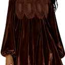 Womens A-Line Velvet Lace Overall Pleated Swing Babydoll Casual Skirtall Scallop Neck Flared Wedding Mini Dress, Size: X-Large (Brown)