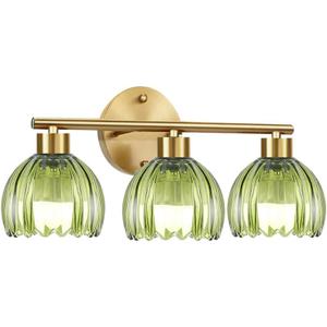 Bathroom Light Fixtures,3 Light Bathroom Vanity Light Over Mirror,Gold Wall Vanity Lights with Green Glass Shade for Bedroom Living Room Farmhouse (11-wall lamp)