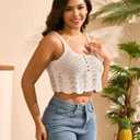 Women's Crochet Tank Top Sleeveless Scoop Neck Hollow Out Knit Cami (Beige, L)