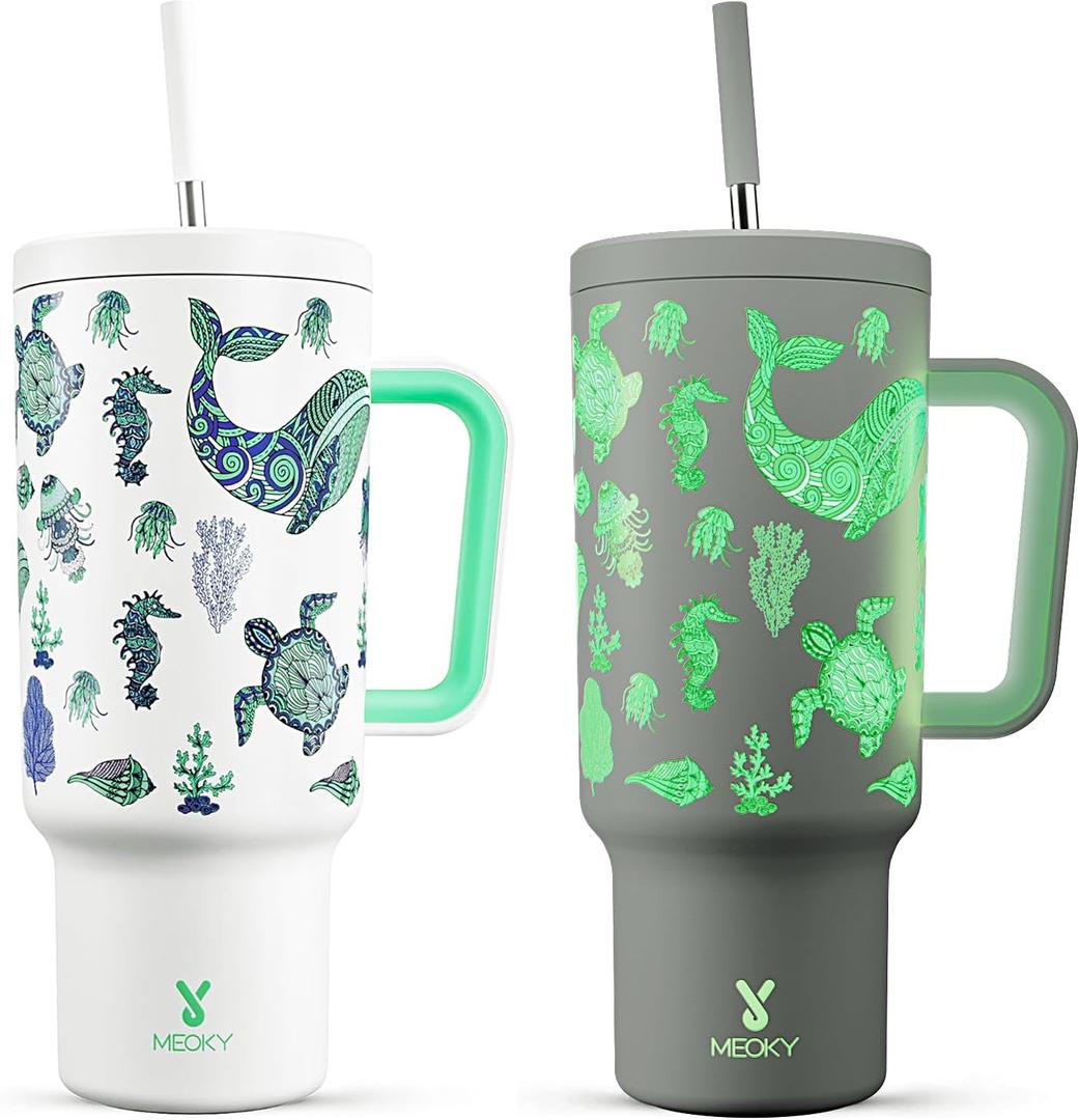 Meoky 40 oz Glow in the Dark Tumbler with Handle and Straw, Tumbler with Lid and Straw, Insulated Stainless Steel Travel Mug, 100% Leak-proof, Keeps Cold for 34 Hours (Sea Life)