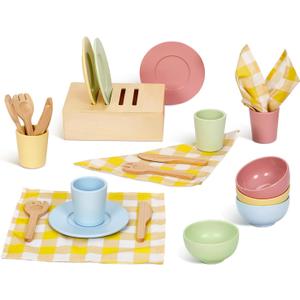 OOOK Wooden Play Dishes and Plates for Kids Kitchen Set, 25 PCS Wooden Play Kitchen Accessories, Pretend Montessori Kids Pots and Pans Playset for 3+ Toddlers