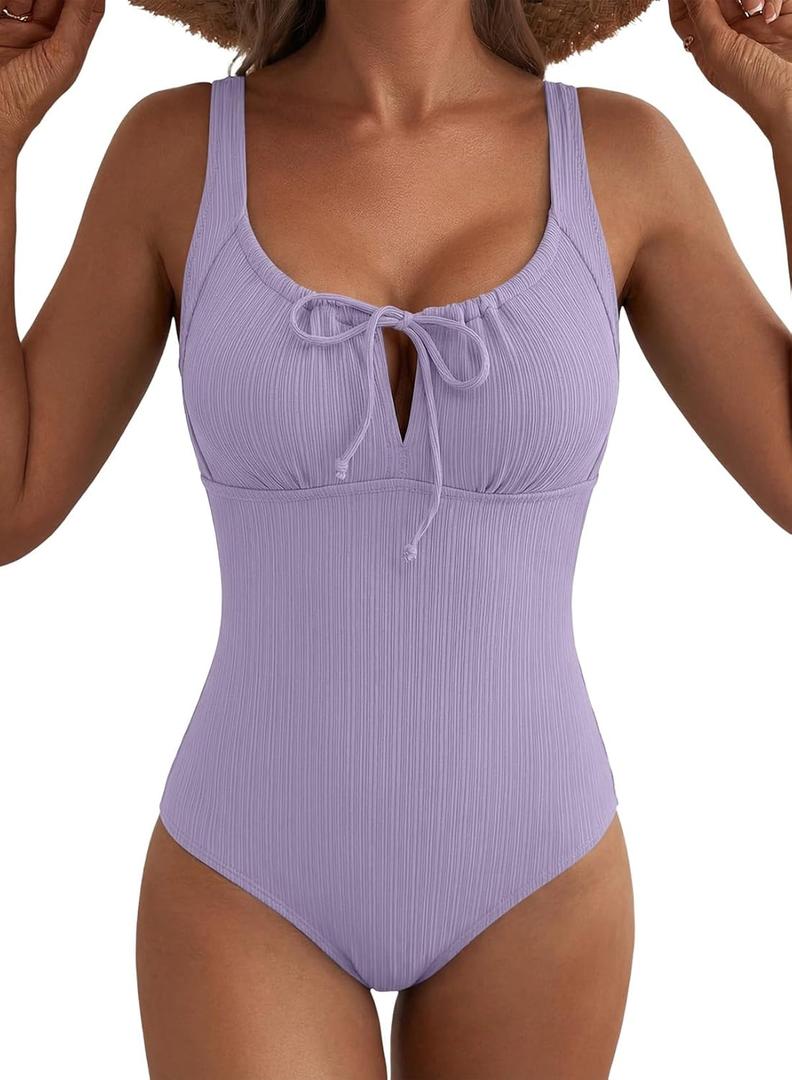 Aleumdr Womens Textured One Piece Swimsuit Tummy Control Bathing Suit Tie Knot Cutout Swimwear (Small, Lavender Purple Textured)