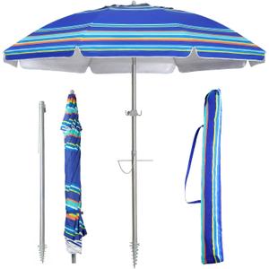 PASAMIC 7ft Portable Beach Umbrella, UPF 50+ UV Protection with Sand Anchor, Air Vent & Adjustable Tilt, with Carry Bag and Hook, for Patio Pool, Blue Stripe