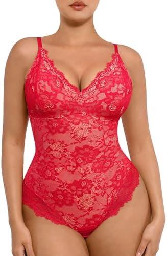 FeelinGirl Shapewear Bodysuits for Women Lace Shapewear Tummy Control V-Neck Sleeveless Bodysuit Tops Jumpsuit XL