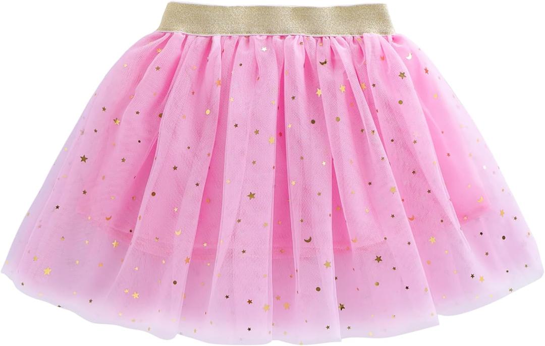 Jastore Girls Layered Rainbow Tutu Skirt Dance Dress Ruffle Tiered Clubwear (US, Age, 2 Years, 6 Years, Star-Pink)
