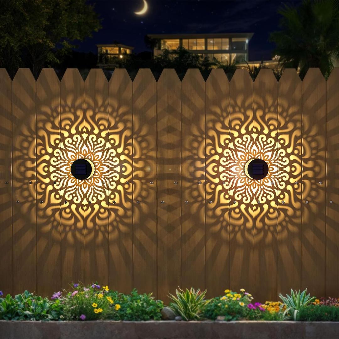 Solar Fence Lights 4 Pack Outdoor Deck Step Wall Lights Metal Waterproof LED Warm Yellow Light for Garden Post Patio Backyard Yard Decor (Mandala-3, 4)