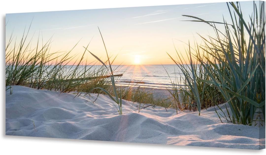Beach Sunset Canvas Wall Art-Coastal Sand Dunes with Beach Grass Picture, Nature Ocean Landscape, Modern Seascape Artwork for Living Room, Bedroom, Bathroom Decor, Framed Ready to Hang, 58"L x 29"W, Beige