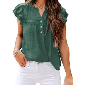 PRETTODAY Women's V Neck Lace Crochet Shirts Button Down Short Sleeve Casual Blouse Tops (Medium)