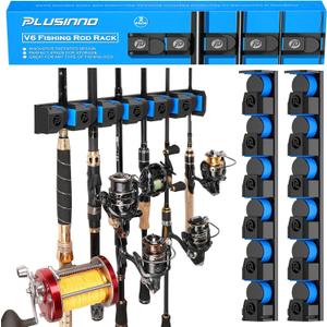 PLUSINNO Fishing Gifts for Men - V6 Vertical Fishing Rod/Pole Holders, Support Extra Large & Heavy Fishing Rod Combos, Fishing Rod Holders for Garage, Wall Mounted Fishing Rod Rack Storage, 2 pack
