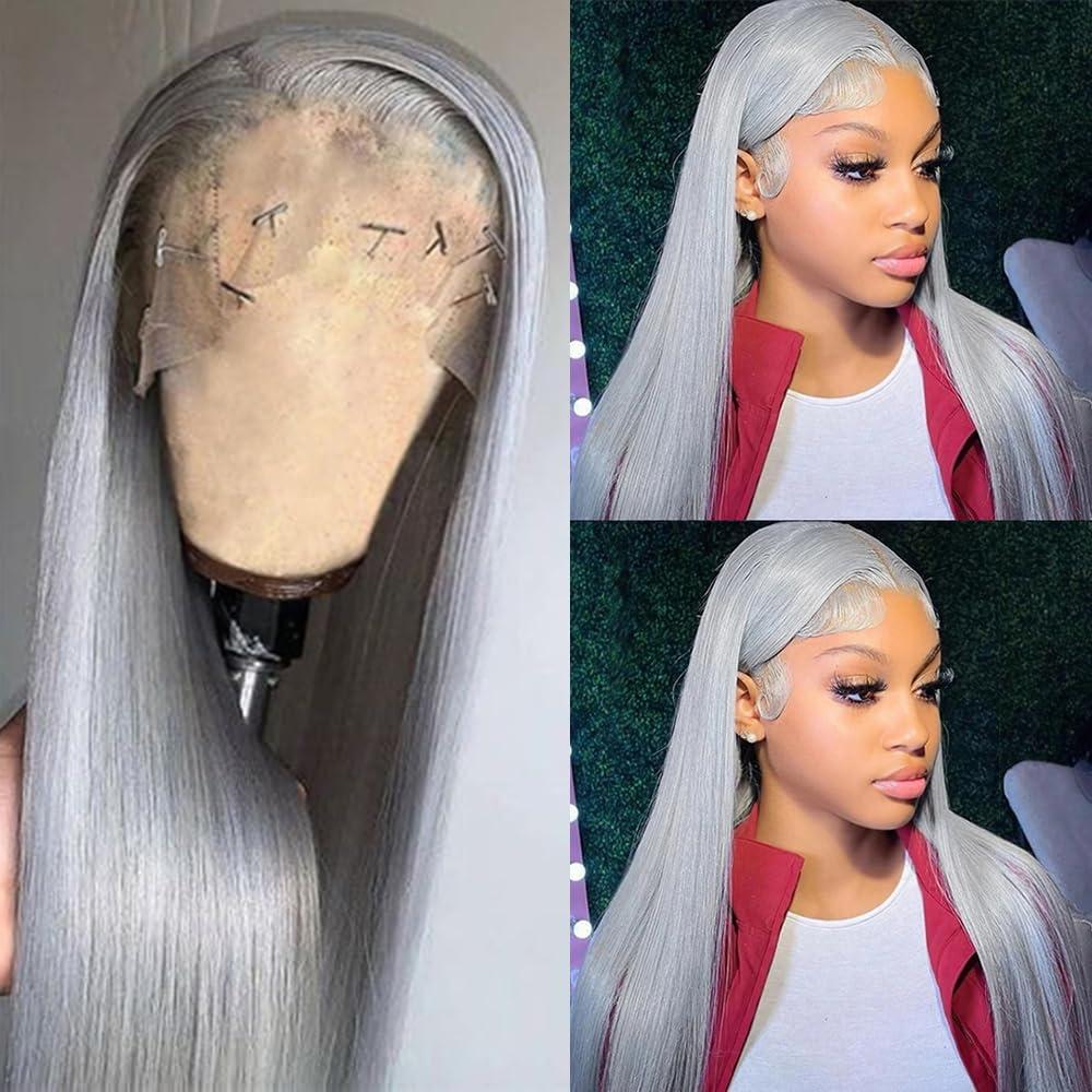 Grey Lace Front Wigs Glueless Human Hair Pre Plucked Silky Straight Gray Virgin Hair 13x4 HD Transparent Lace Frontal Glueless Silver Human Hair Wigs for Women 30 Inch 150% Density with Baby Hair (#13x4 Grey)