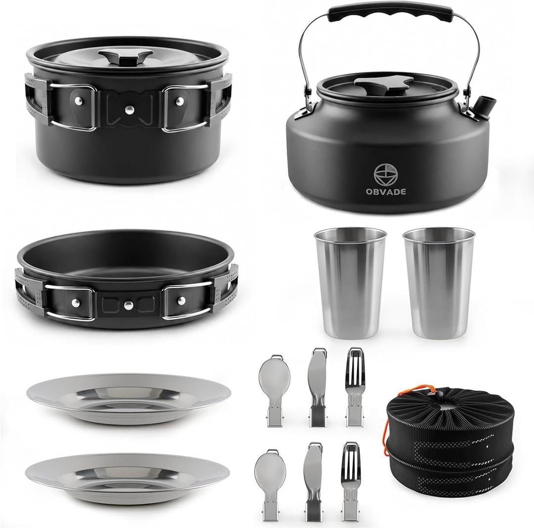 Camping Cooking Set 17-Piece with Kettle,Non-Stick Camping Cookware-Lightweight Backpacking Pots and Pans, Travel Hiking Pan Kit for Outdoor, RV Camp Cook Set, Mesh Bag Included