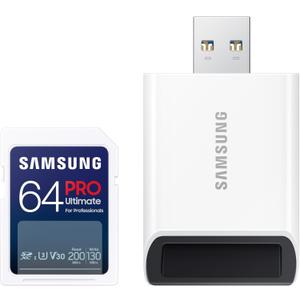 SAMSUNG PRO Ultimate Full Size Memory Card/USB 3.0Reader, 64GB SDXC, Up to 200 MB/s, 4K UHD, UHS-I, C10, U3, V30, A2 for DSLR, Mirrorless Cameras, PCs, MB-SY64SB/AM