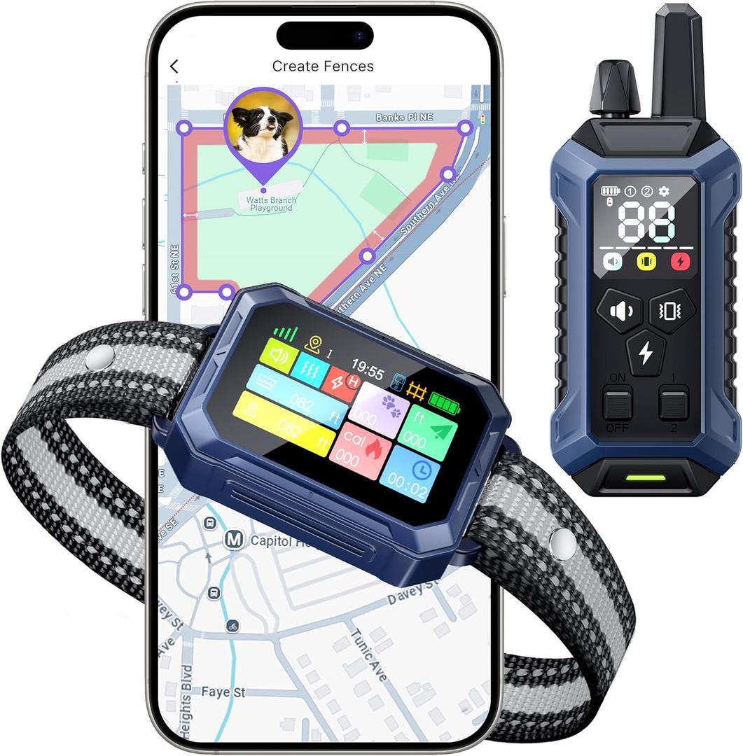 Meowant GPS Wireless Dog Fence & Dog Training Collar with Remote & Free APP, 82-7000ft Adjustable Range Electric Fence, 3 Training Modes, Waterproof LCD Collar for Dogs 10 Lbs+ Outdoor,Blue