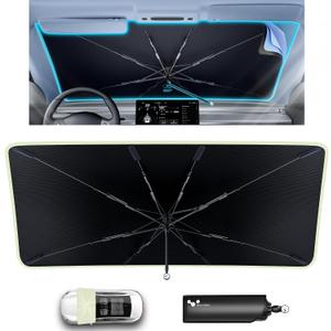 helloleiboo Car Windshield Sun Shade Umbrella 57" x 32", Windshield Sun Shade Foldable with 5-Layer Thickened Vinyl Coating Reflective Heat & UV Protection Fits Most Sedans & Compact SUVs