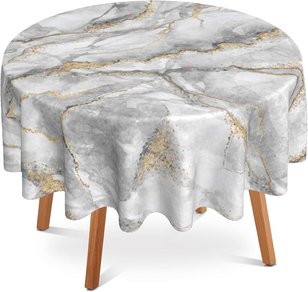 Marble Round Tablecloth 60" Diameter for Indoor and Outdoor,White Golden Marble Waterproof Table Cloth Cover Decorative for Party and Camping Holiday Dinning Tabletop Home Dcor