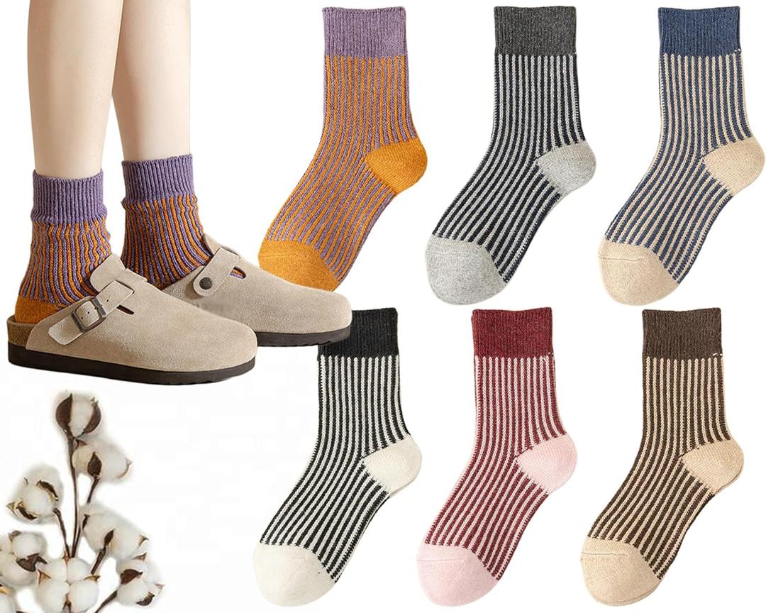 CHUNFO Womens Strip Ankle Socks Cute Athlete Ribbed Colorful Slouch Crew Cotton Casual Sock Size5-10.5 (M)