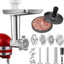 Metal Food Grinder Attachment for KitchenAid Stand Mixer, AMZCHEF Meat Grinder Attachments Included 3 Sausage Stuffer Tubes & Holder, 4 Grinding Plates, 2 Grinding Blades, Burger Press, Cleaning Brush
