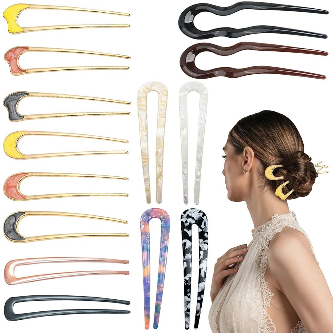 14 PCS U Shaped French Hair Pin Cute Patterns, YINGFENG Metal Hair Pins French Pin Vintage U Shaped Fork Bobby Pins, for Girls Women Bun Accessories